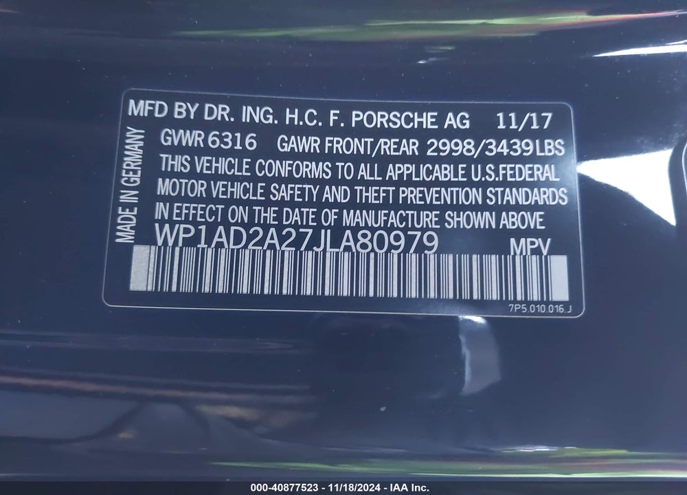 2018 PORSCHE CAYENNE VIN: WP1AD2A27JLA80979