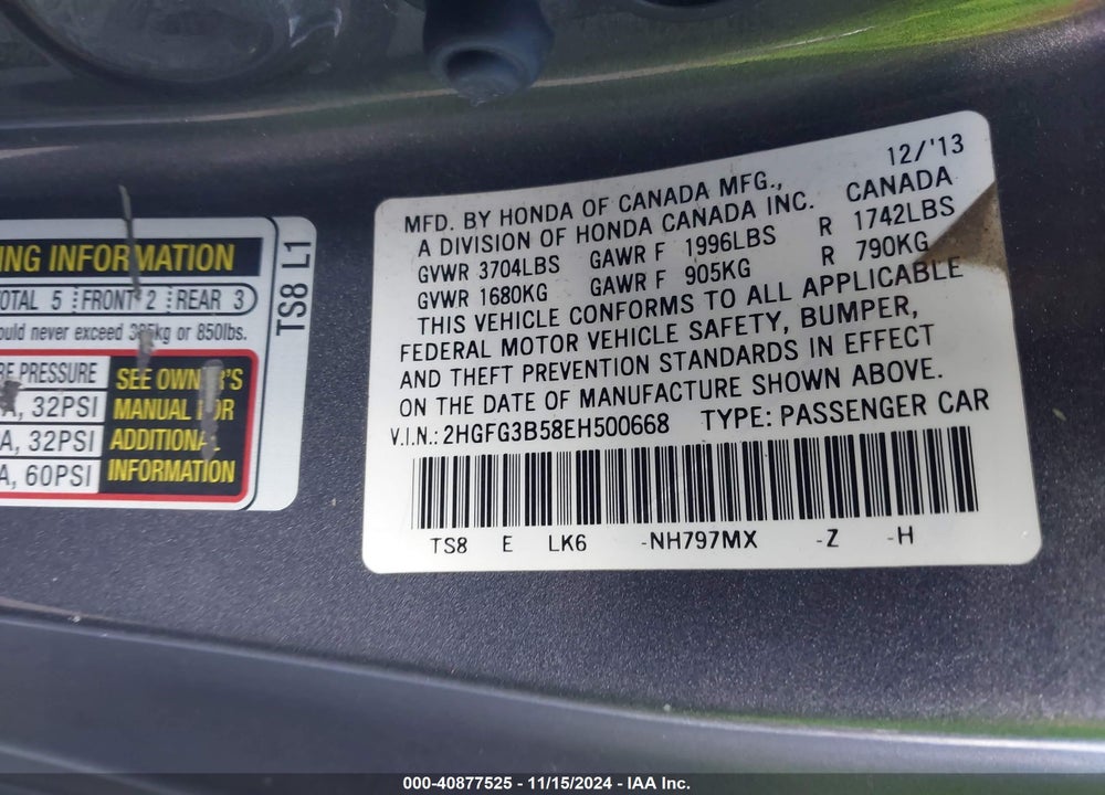 2014 HONDA CIVIC LX VIN: 2HGFG3B58EH500668