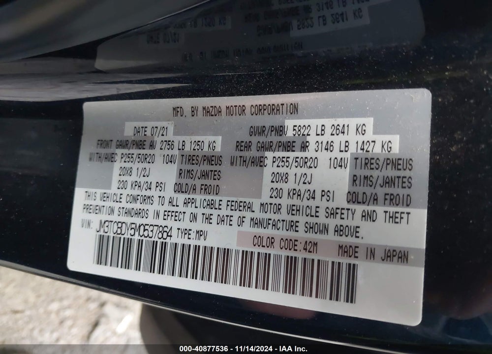 2021 MAZDA CX-9 GRAND TOURING VIN: JM3TCBDY5M0537864