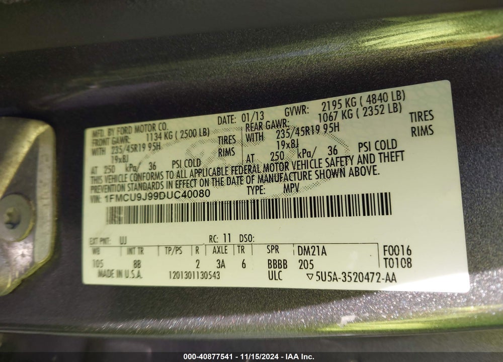 2013 FORD ESCAPE TITANIUM VIN: 1FMCU9J99DUC40080