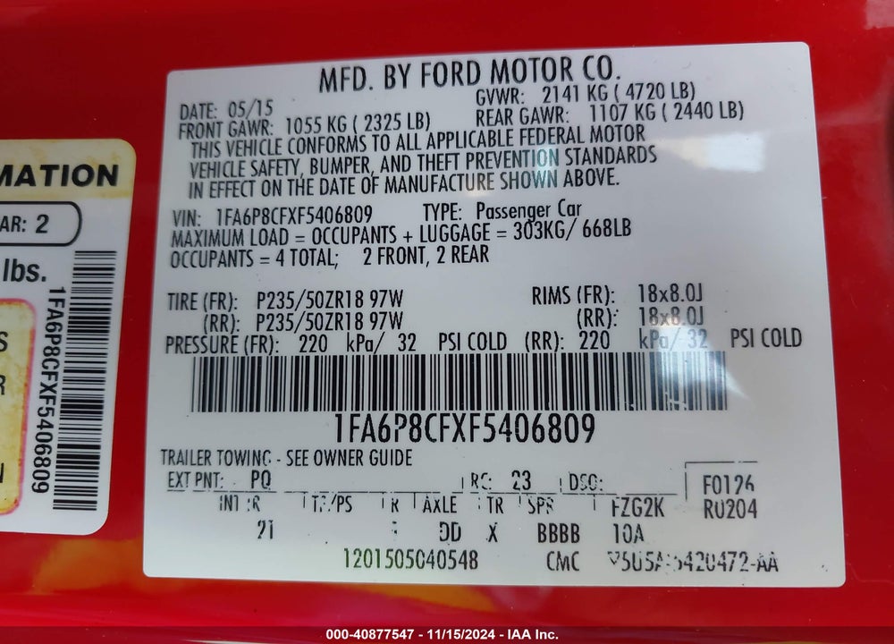 2015 FORD MUSTANG VIN: 1FA6P8CFXF5406809