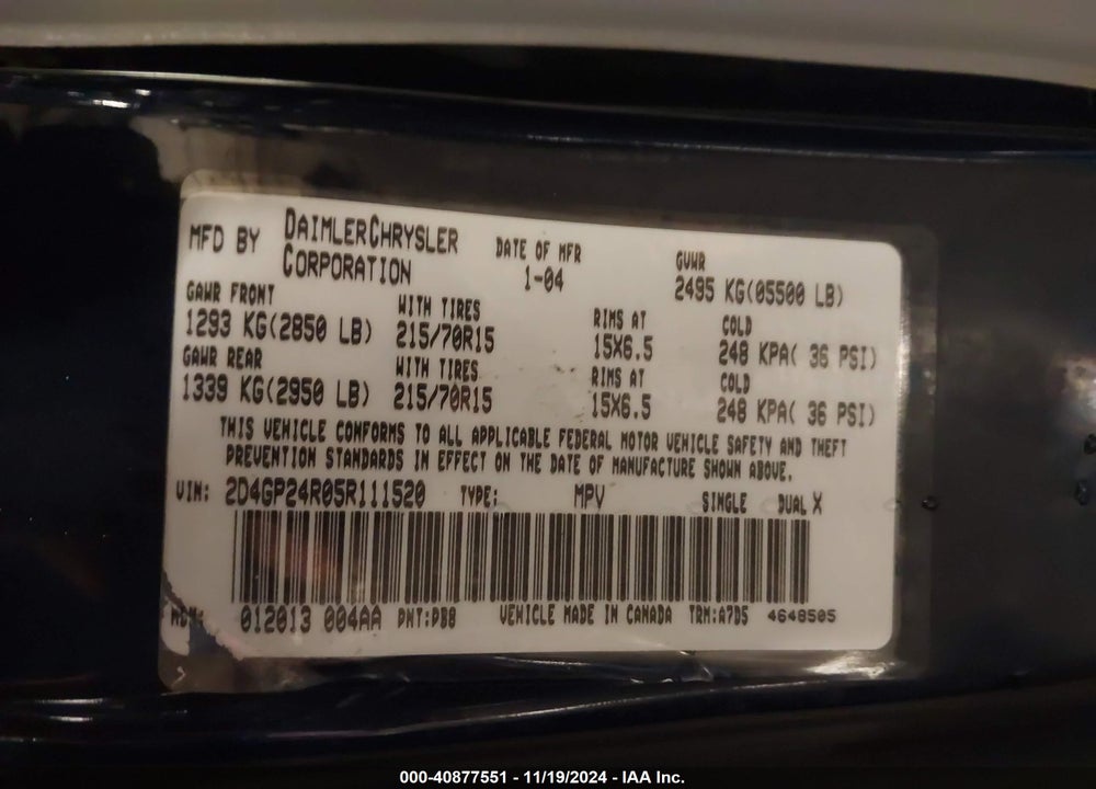 2005 DODGE GRAND CARAVAN SE VIN: 2D4GP24R05R111520