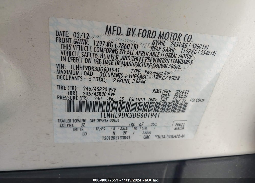 2013 LINCOLN MKS VIN: 1LNHL9DK3DG601941