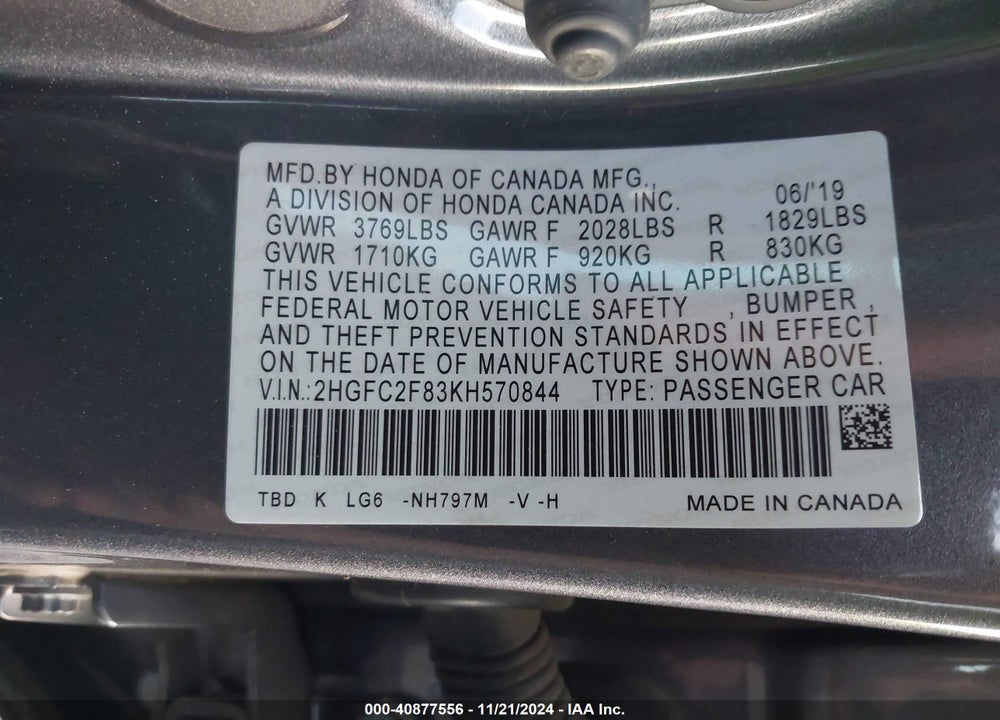 2019 HONDA CIVIC SPORT VIN: 2HGFC2F83KH570844
