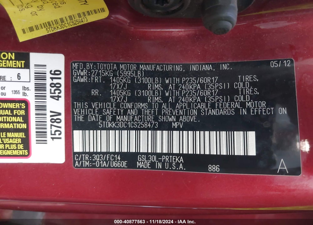 2012 TOYOTA SIENNA LE V6 8 PASSENGER VIN: 5TDKK3DC1CS258473