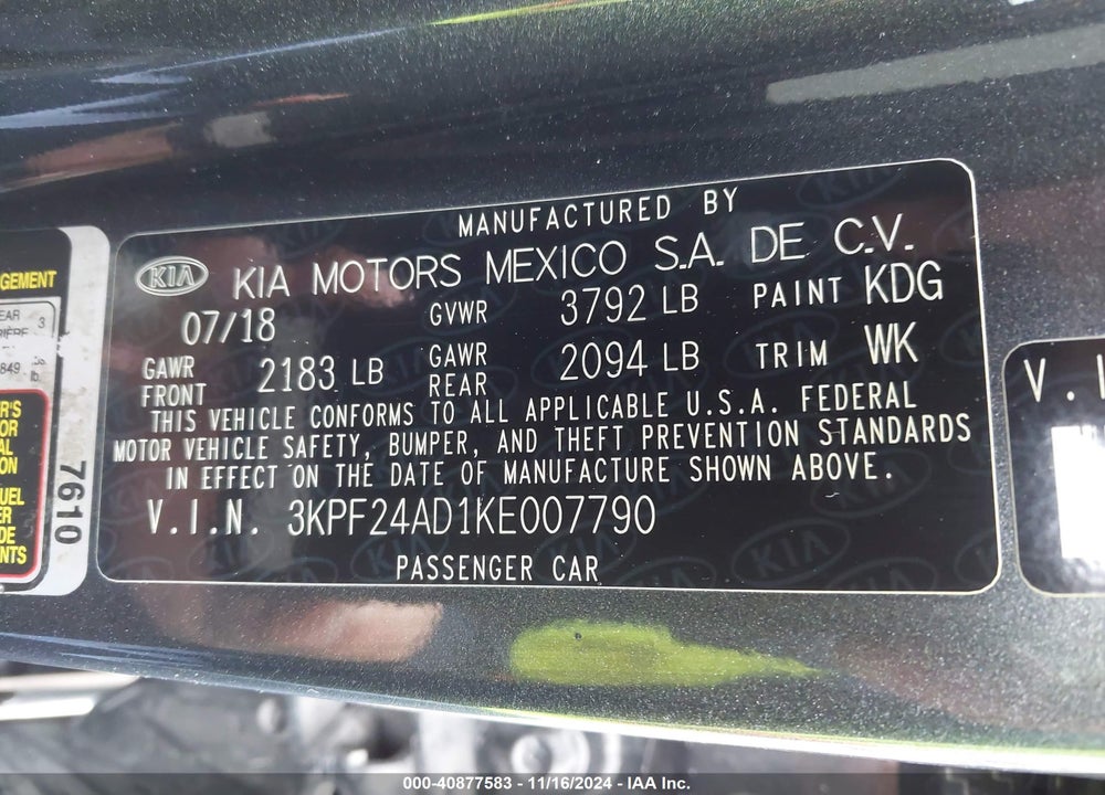 2019 KIA FORTE LXS VIN: 3KPF24AD1KE007790