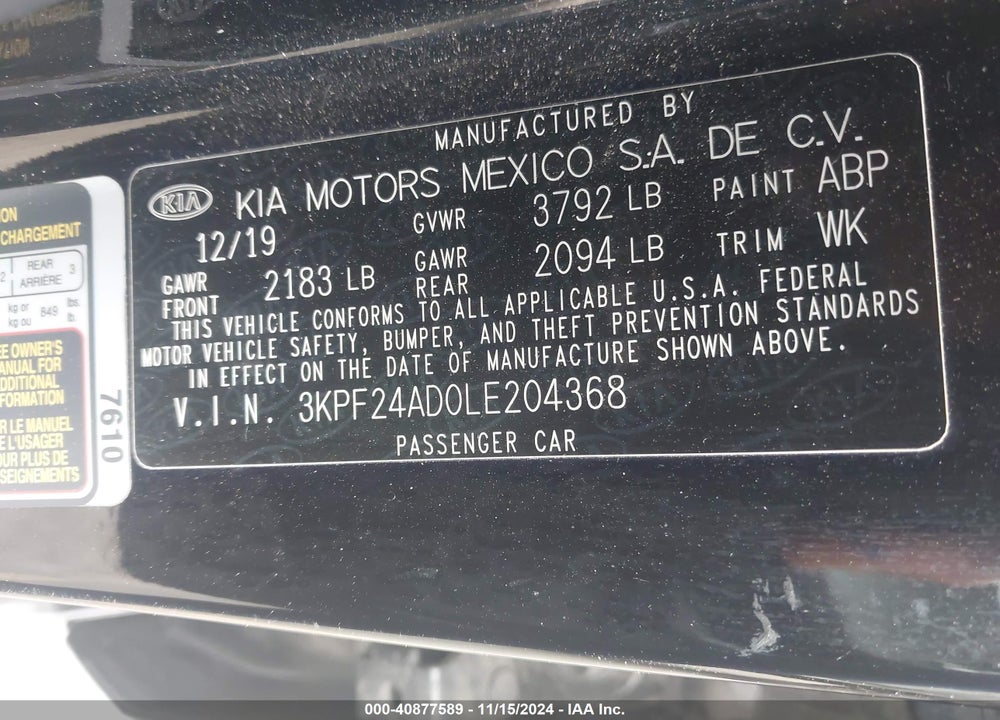 2020 KIA FORTE LXS VIN: 3KPF24AD0LE204368