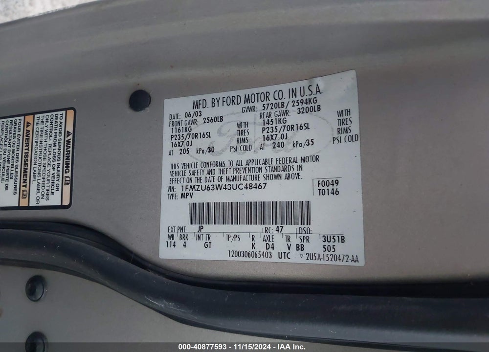 2003 FORD EXPLORER XLT/XLT SPORT/NBX VIN: 1FMZU63W43UC48467