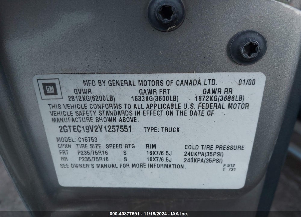 2000 GMC SIERRA 1500 SLE VIN: 2GTEC19V2Y1257551