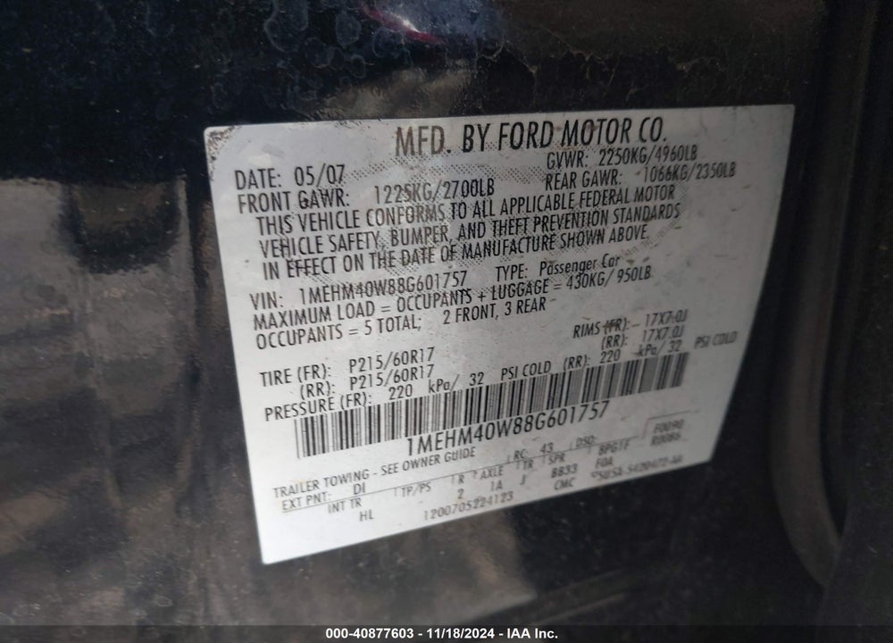 2008 MERCURY SABLE VIN: 1MEHM40W88G601757