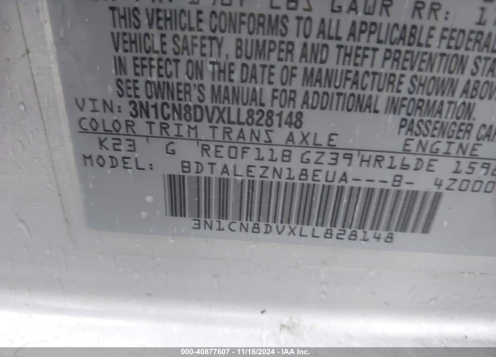 2020 NISSAN VERSA S XTRONIC CVT VIN: 3N1CN8DVXLL828148