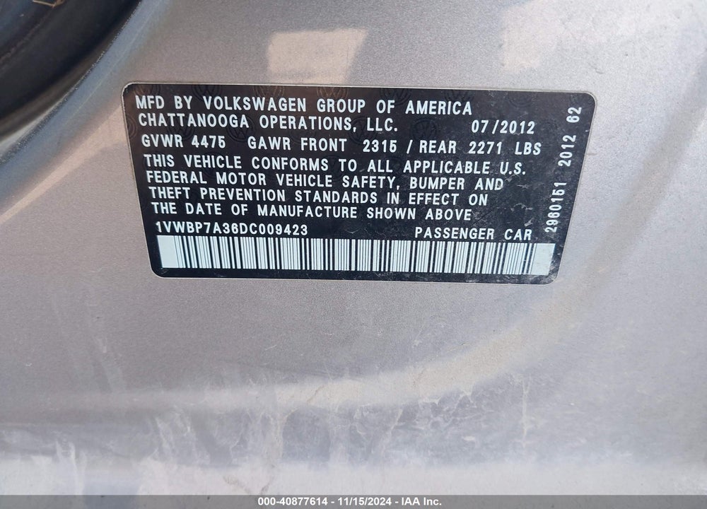 2013 VOLKSWAGEN PASSAT SE W/SUNROOF VIN: 1VWBP7A36DC009423
