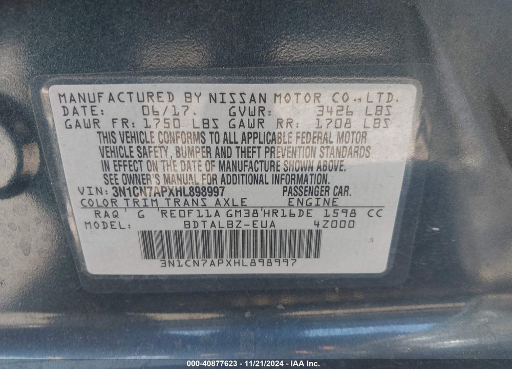 2017 NISSAN VERSA 1.6 SV VIN: 3N1CN7APXHL898997