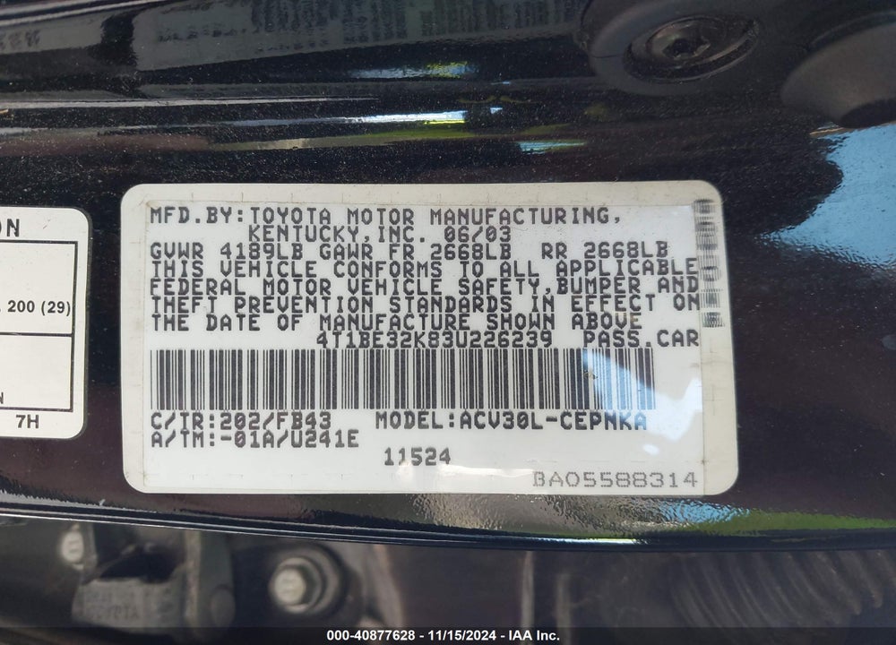 2003 TOYOTA CAMRY LE VIN: 4T1BE32K83U226239