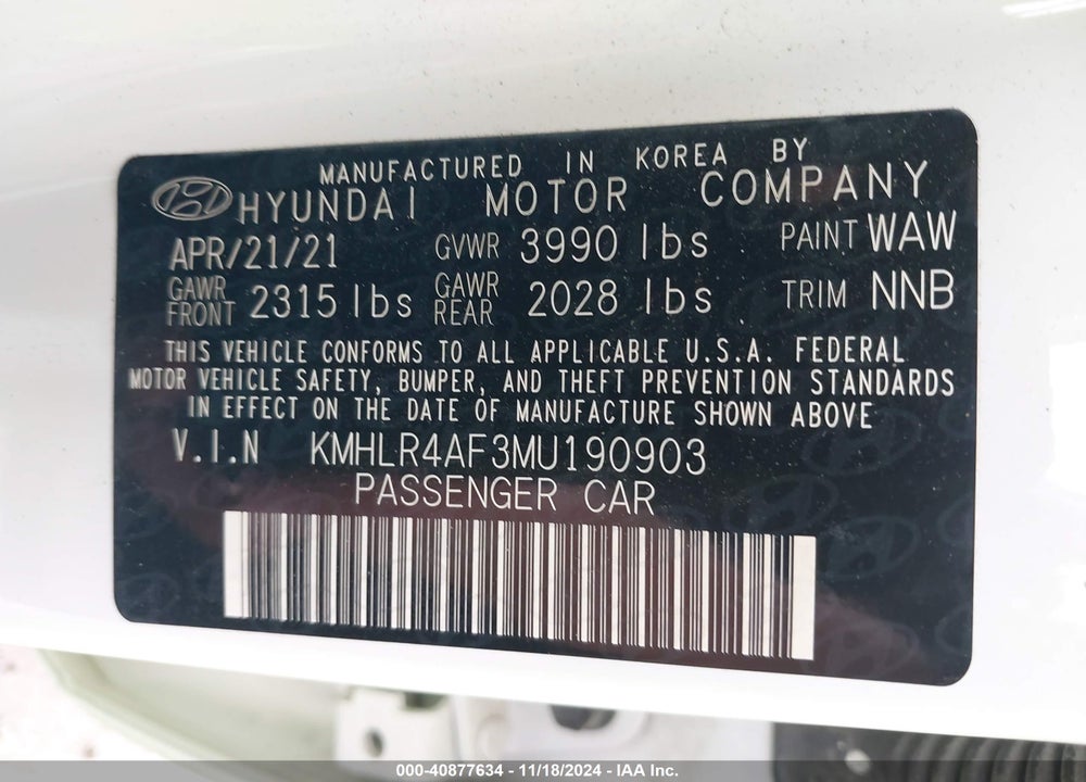 2021 HYUNDAI ELANTRA VIN: KMHLR4AF3MU190903