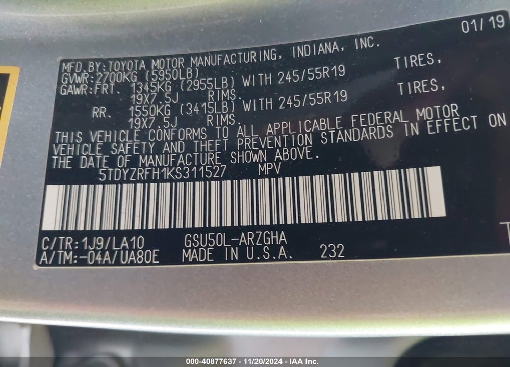 2019 TOYOTA HIGHLANDER LIMITED VIN: 5TDYZRFH1KS311527