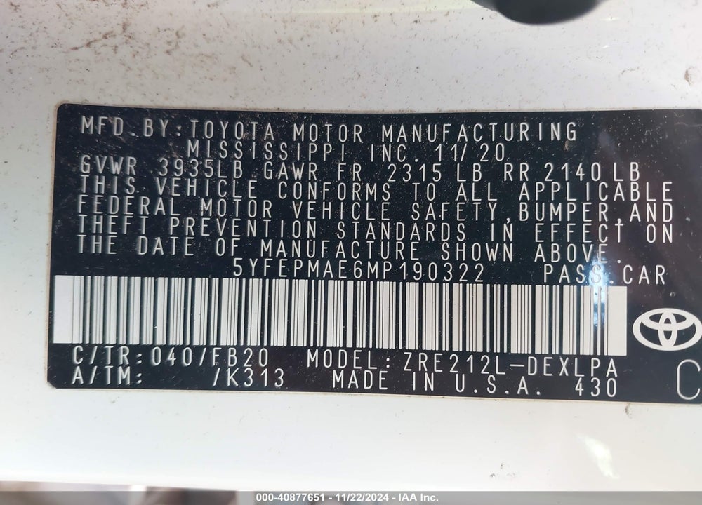 2021 TOYOTA COROLLA VIN: 5YFEPMAE6MP190322