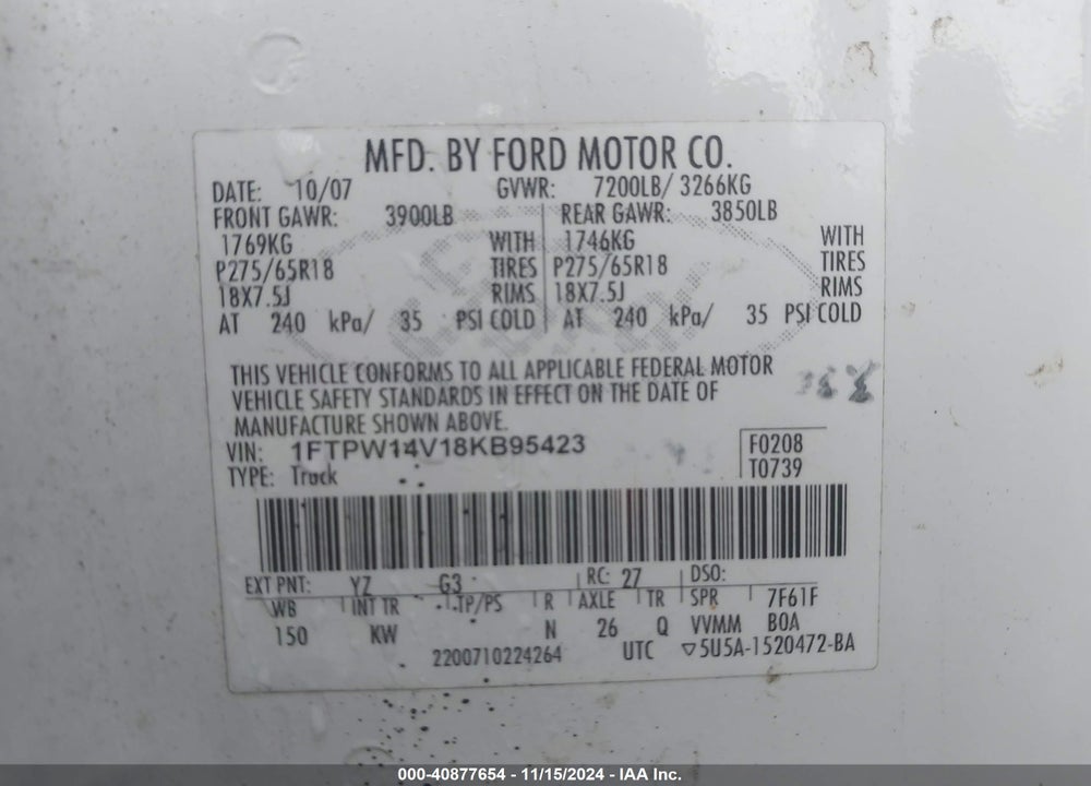 2008 FORD F-150 60TH ANNIVERSARY/FX4/KING RANCH/LARIAT/XLT VIN: 1FTPW14V18KB95423