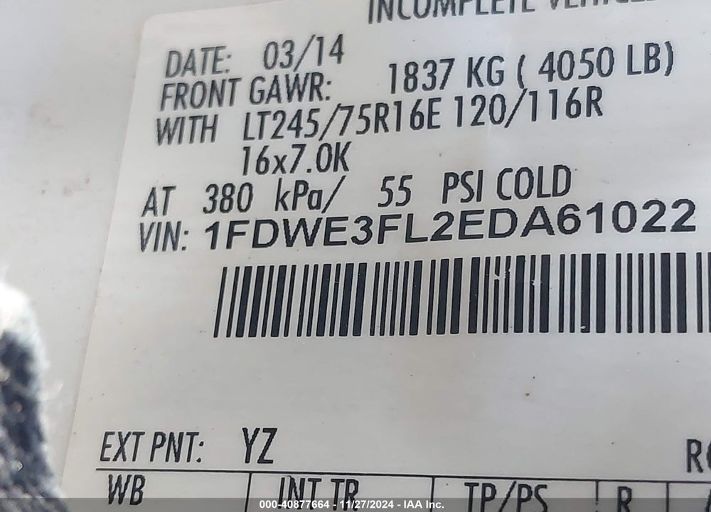 2014 FORD E-350 CUTAWAY VIN: 1FDWE3FL2EDA61022