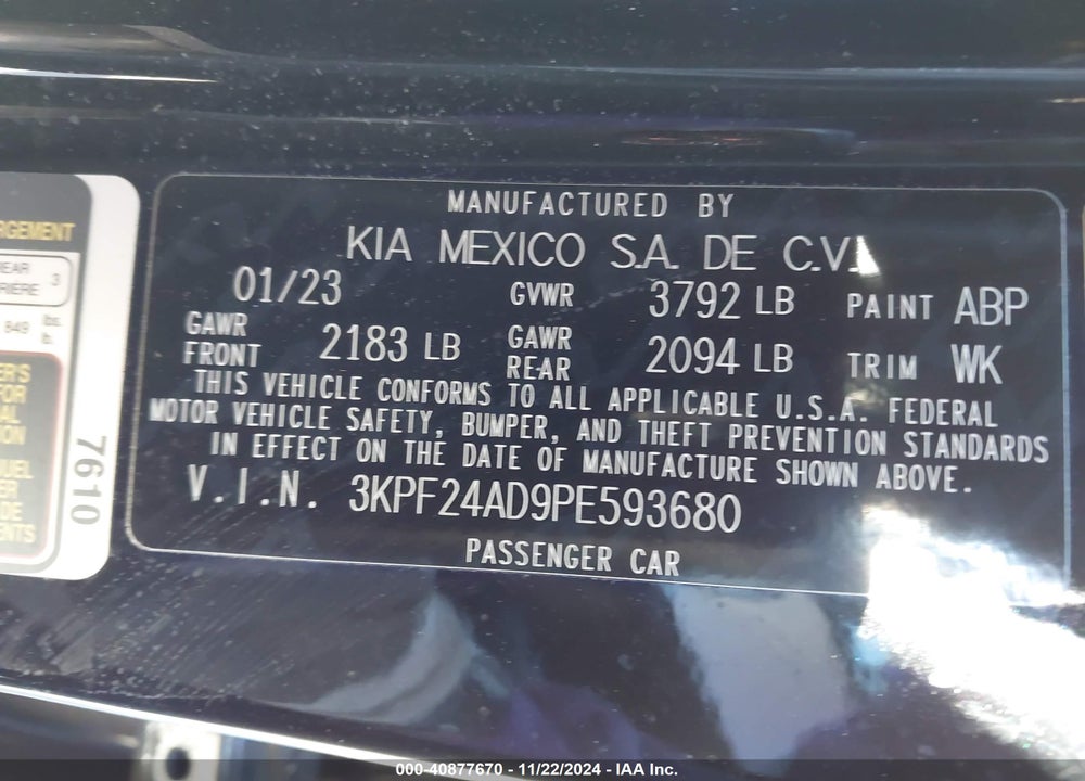2023 KIA FORTE LXS VIN: 3KPF24AD9PE593680