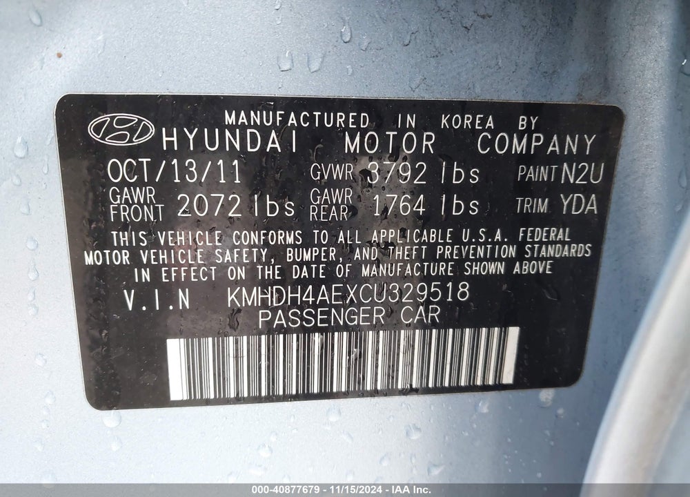 2012 HYUNDAI ELANTRA GLS (ULSAN PLANT) VIN: KMHDH4AEXCU329518