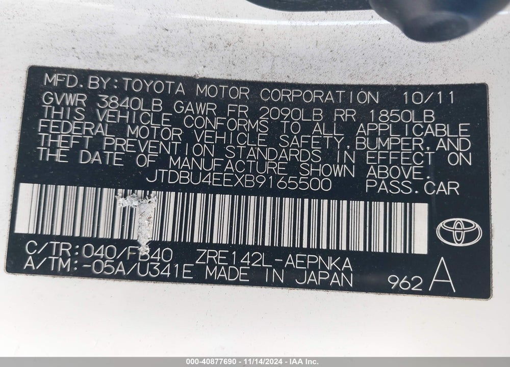 2011 TOYOTA COROLLA LE VIN: JTDBU4EEXB9165500