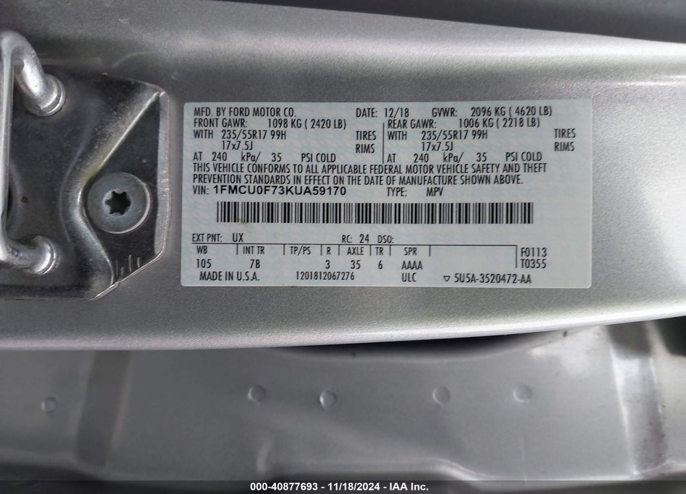 2019 FORD ESCAPE S VIN: 1FMCU0F73KUA59170