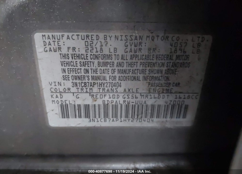 2017 NISSAN SENTRA SR TURBO VIN: 3N1CB7AP1HY270404