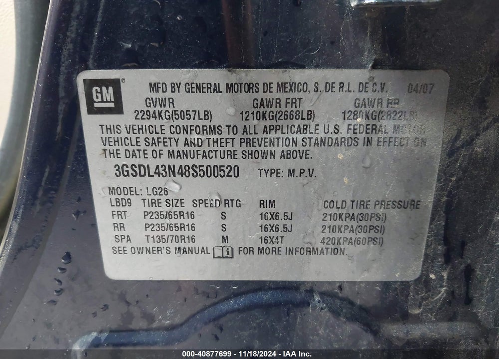 2008 SATURN VUE V6 XE VIN: 3GSDL43N48S500520