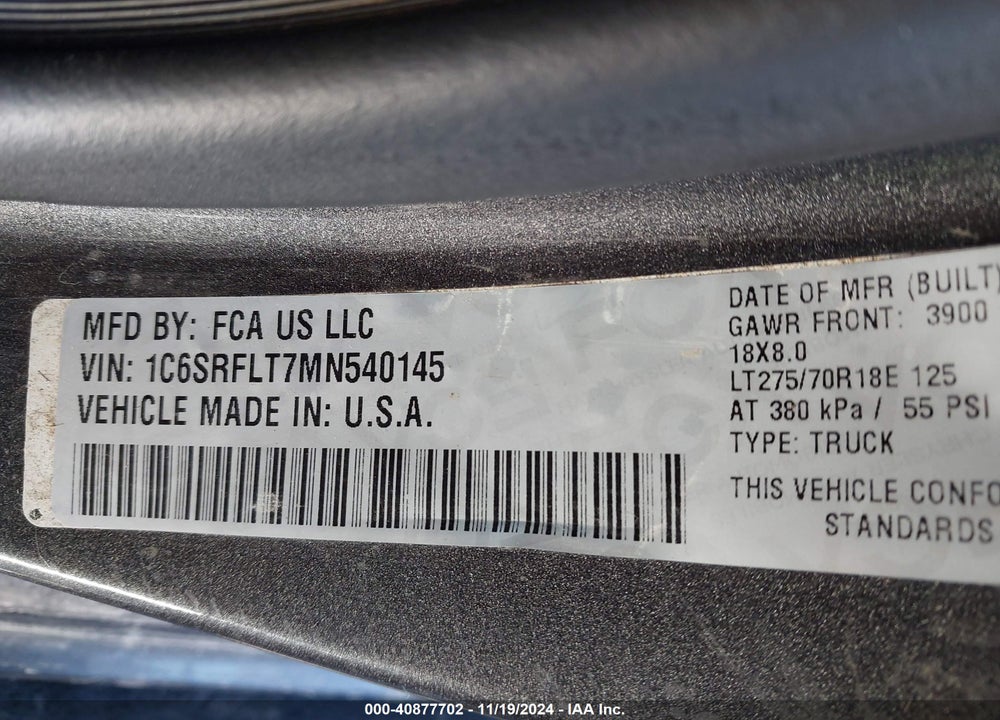 2021 RAM 1500 VIN: 1C6SRFLT7MN540145