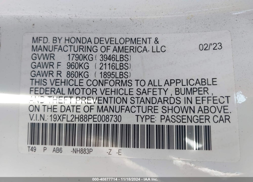 2023 HONDA CIVIC VIN: 19XFL2H88PE008730