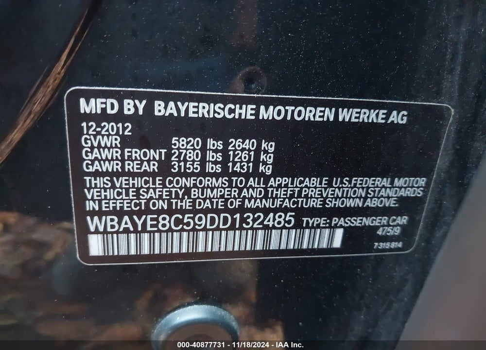 2013 BMW 750LI VIN: WBAYE8C59DD132485