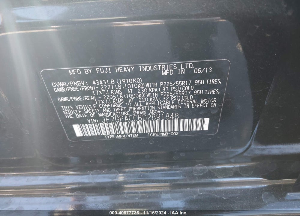 2013 SUBARU XV CROSSTREK 2.0I PREMIUM VIN: JF2GPACC6D2891848