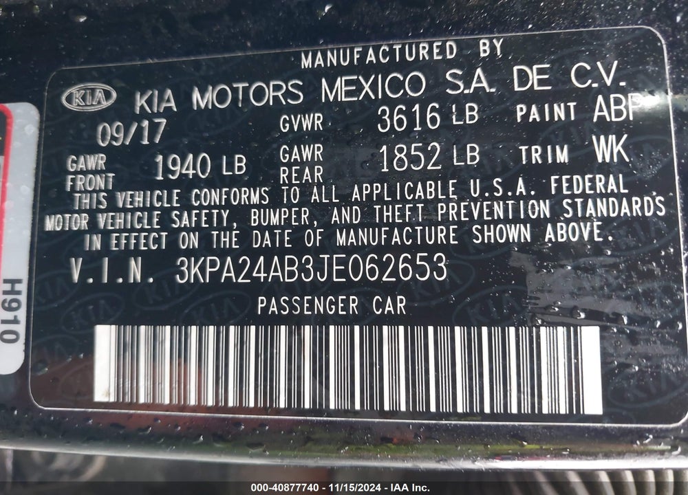 2018 KIA RIO LX VIN: 3KPA24AB3JE062653