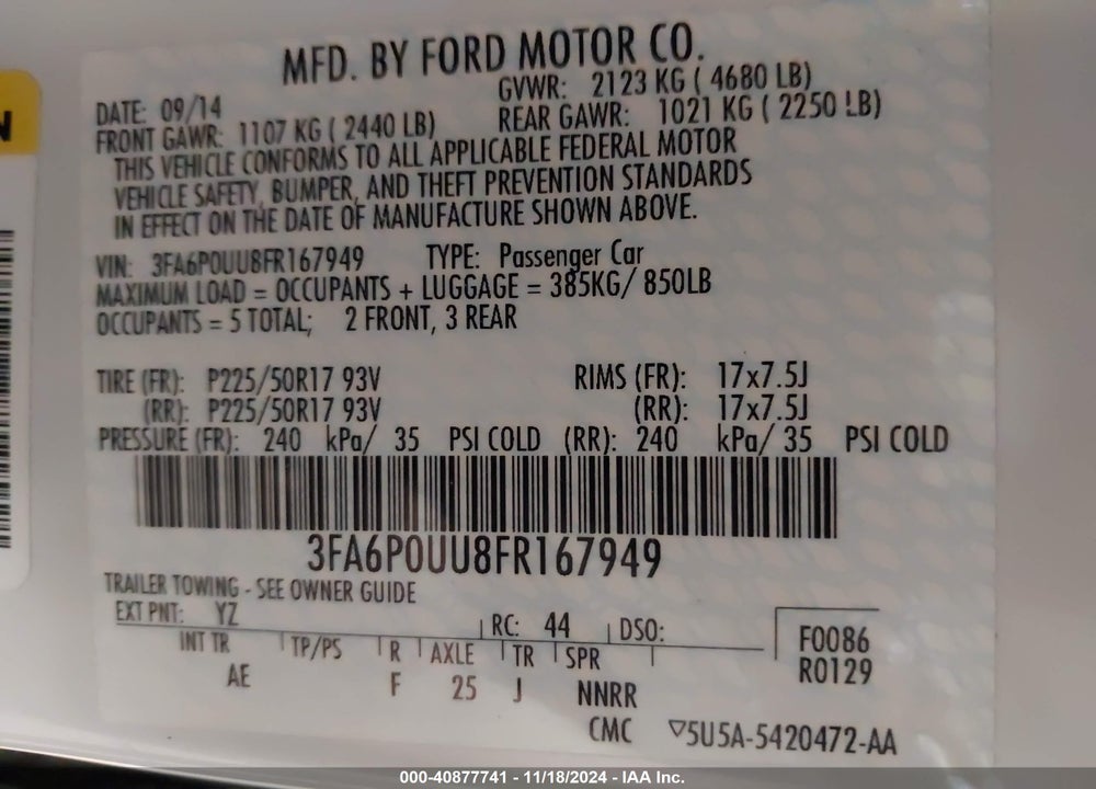 2015 FORD FUSION HYBRID S VIN: 3FA6P0UU8FR167949