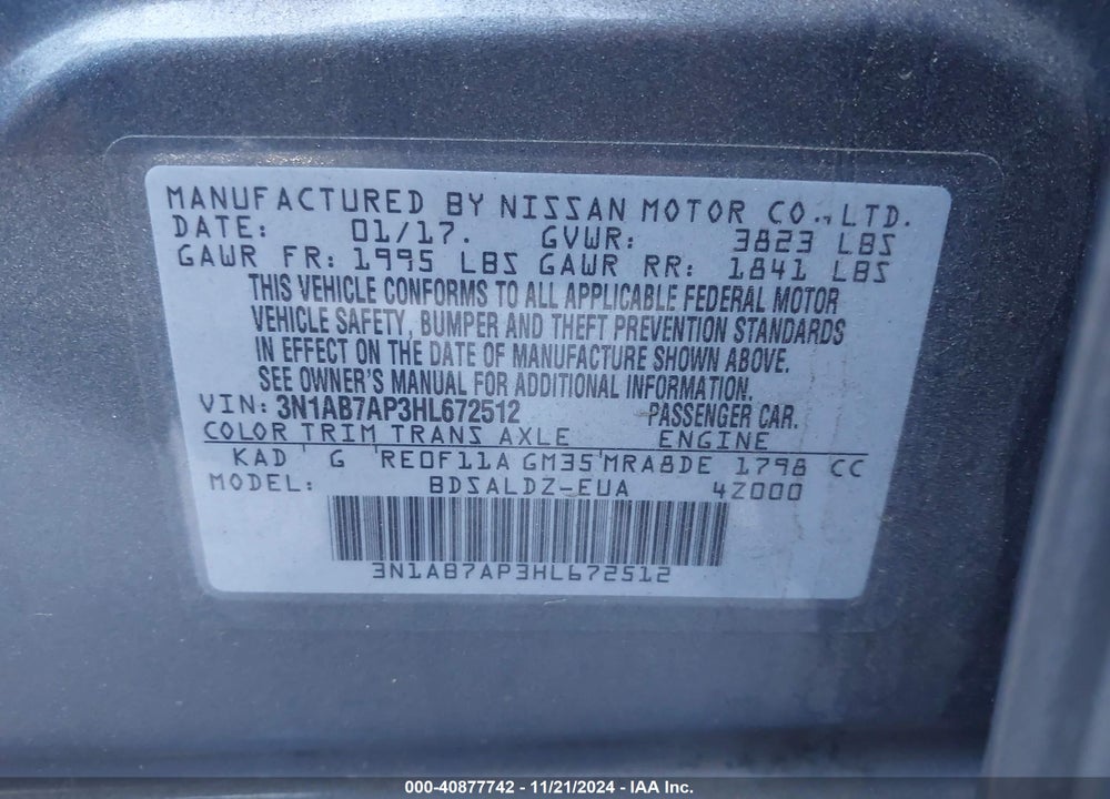 2017 NISSAN SENTRA SV VIN: 3N1AB7AP3HL672512