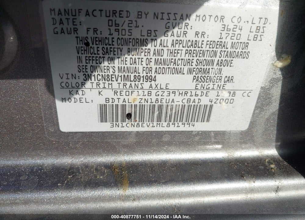 2021 NISSAN VERSA SV XTRONIC CVT VIN: 3N1CN8EV1ML891994