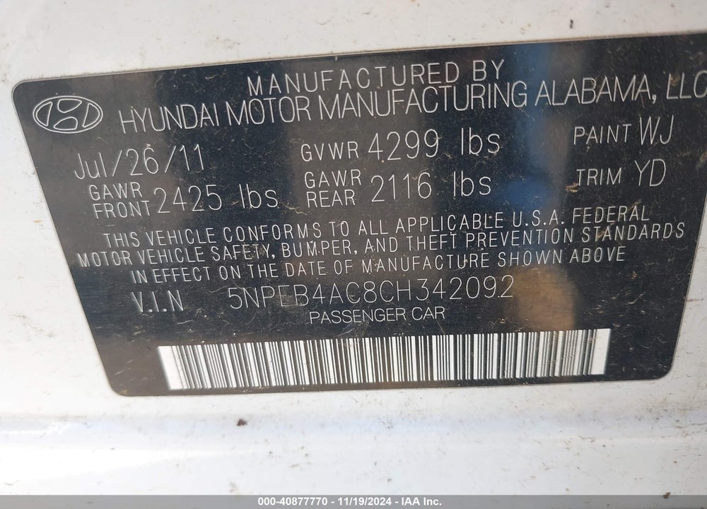 2012 HYUNDAI SONATA GLS VIN: 5NPEB4AC8CH342092