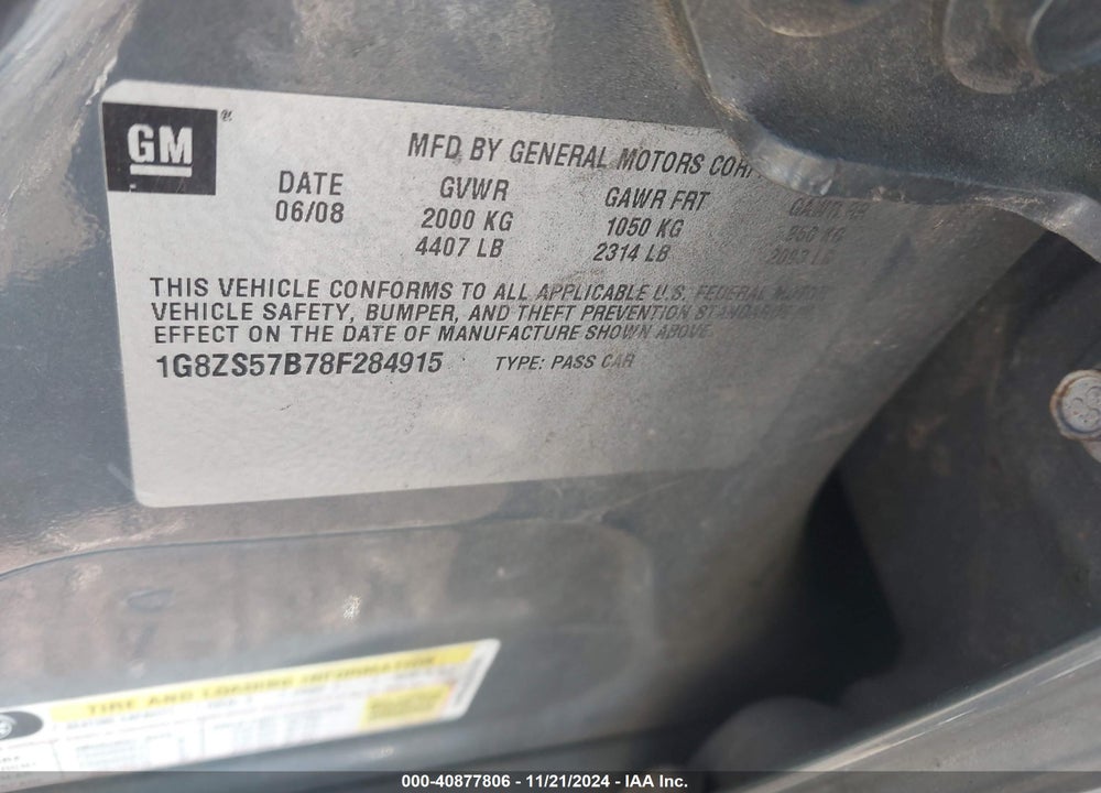 2008 SATURN AURA XE VIN: 1G8ZS57B78F284915