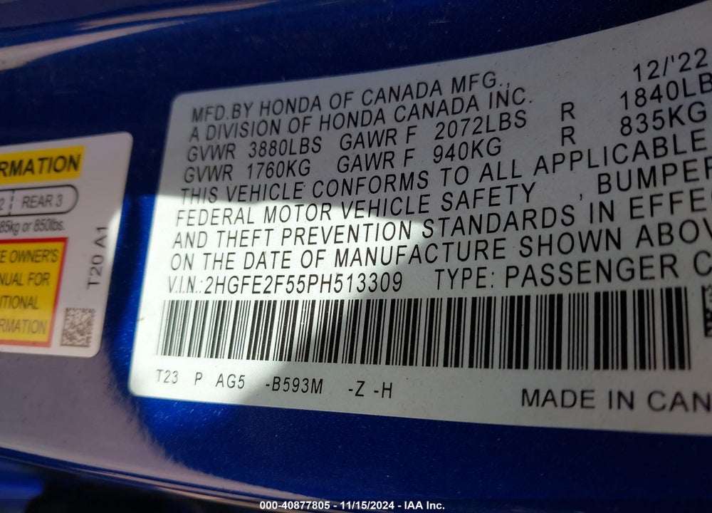 2023 HONDA CIVIC VIN: 2HGFE2F55PH513309