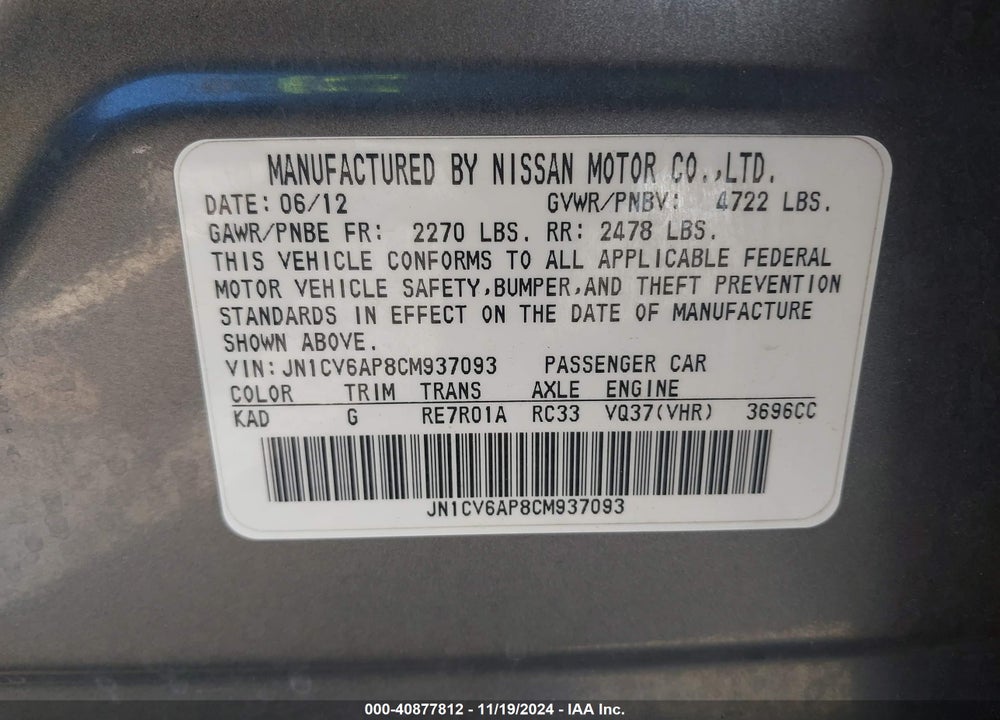 2012 INFINITI G37 JOURNEY VIN: JN1CV6AP8CM937093