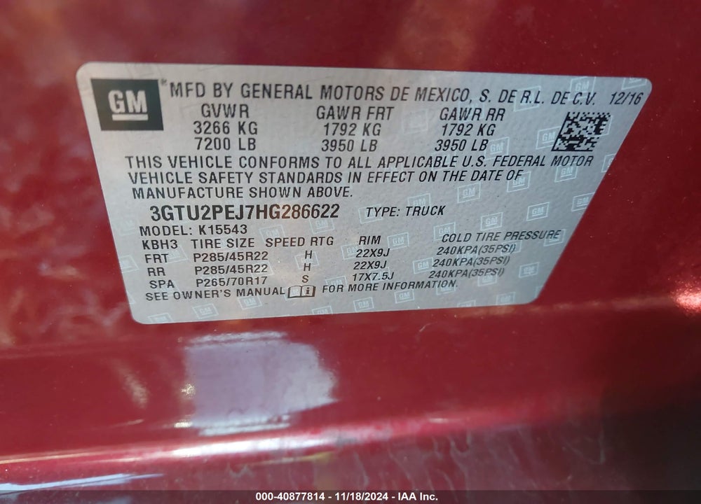 2017 GMC SIERRA 1500 DENALI VIN: 3GTU2PEJ7HG286622