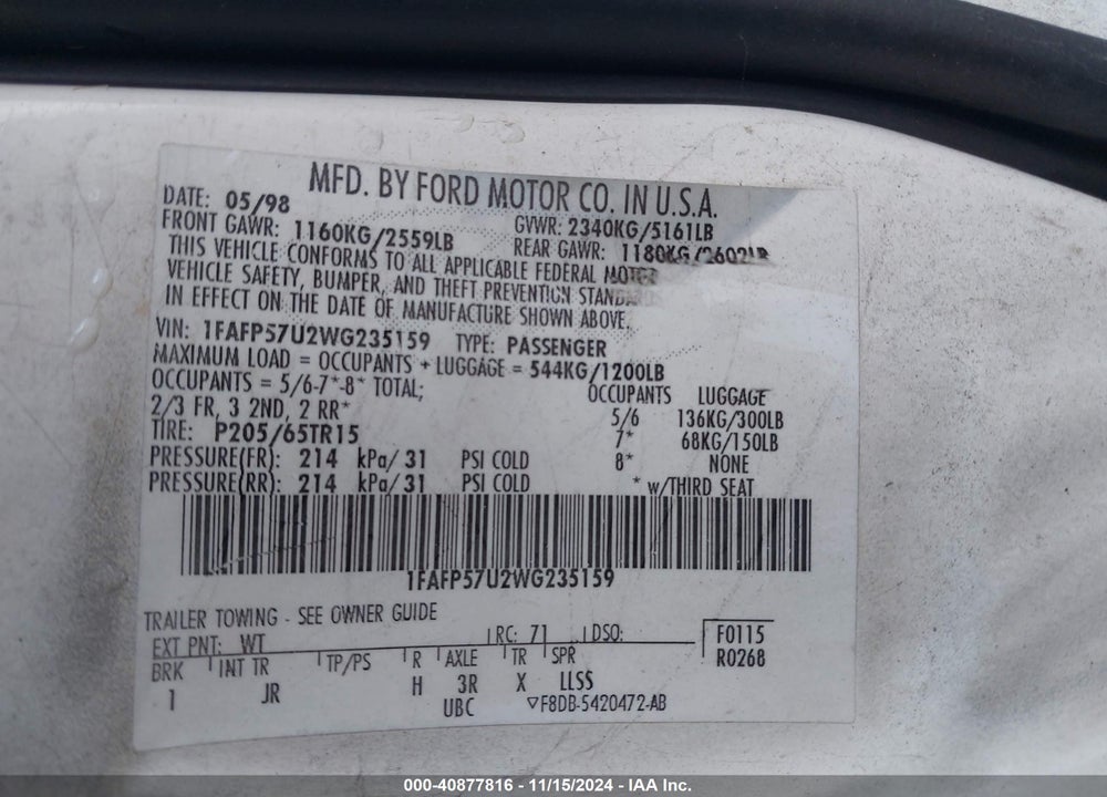 1998 FORD TAURUS SE VIN: 1FAFP57U2WG235159