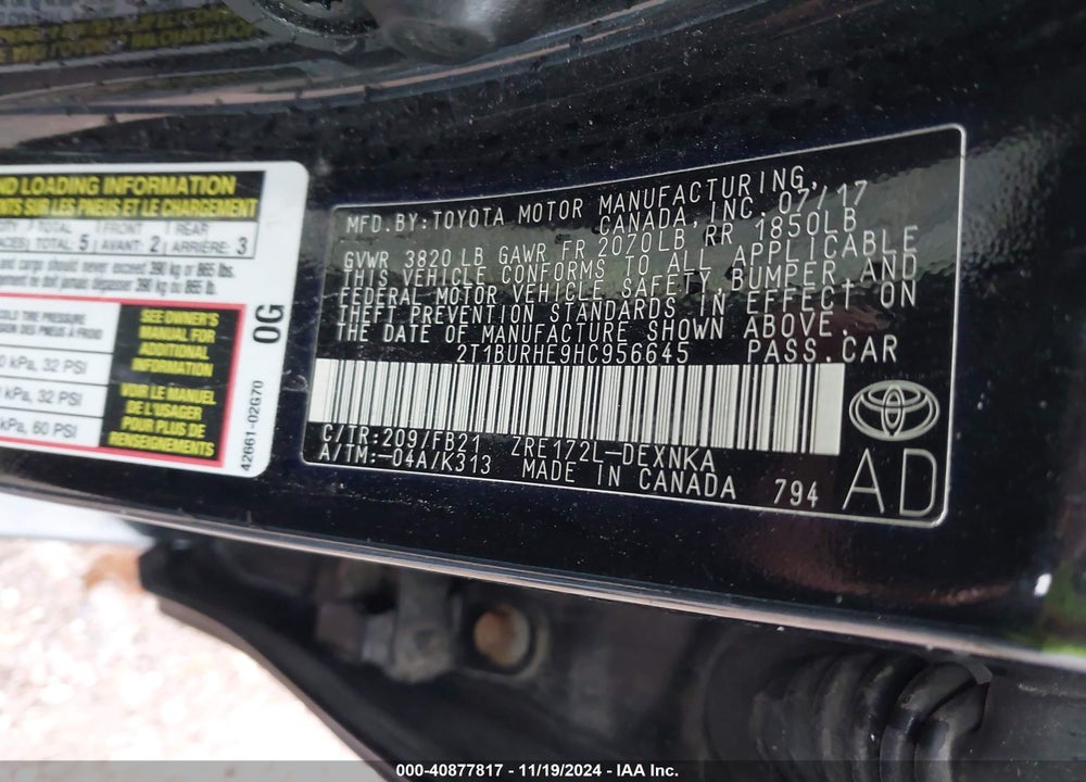 2017 TOYOTA COROLLA LE VIN: 2T1BURHE9HC956645
