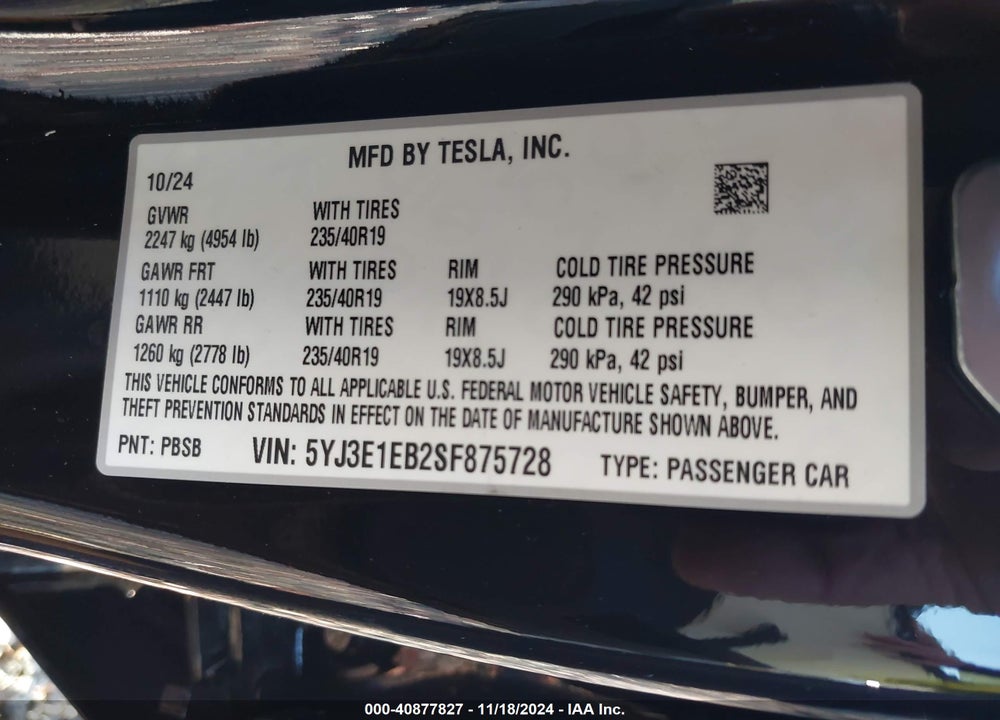 2025 TESLA MODEL 3 VIN: 5YJ3E1EB2SF875728