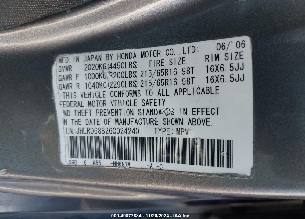 2006 HONDA CR-V EX VIN: JHLRD68826C024240