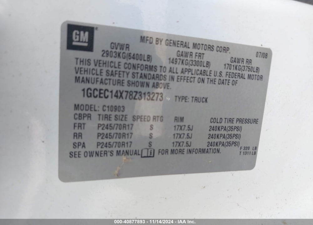 2008 CHEVROLET SILVERADO 1500 WORK TRUCK VIN: 1GCEC14X78Z313273