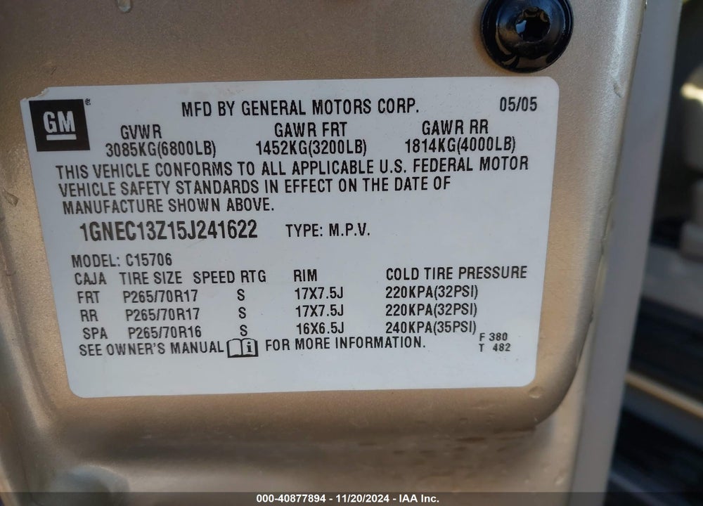 2005 CHEVROLET TAHOE LT VIN: 1GNEC13Z15J241622