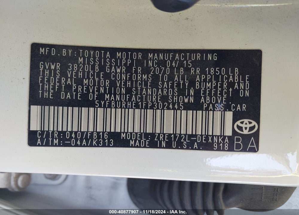 2015 TOYOTA COROLLA LE VIN: 5YFBURHE1FP302445