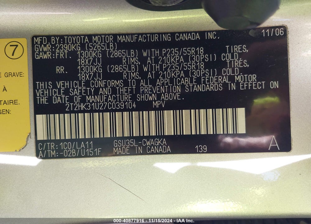 2007 LEXUS RX 350 VIN: 2T2HK31U27C039104